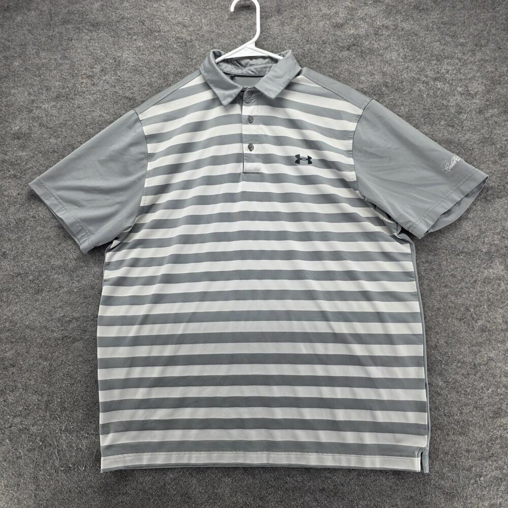 Under Armour Polo Shirt Mens XL Gray Striped HeatGear Coldblack Golf Performance